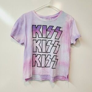 KISS Shirt Purple Blue Pink Tie Dye Crop Top Short Sleeve Juniors Large